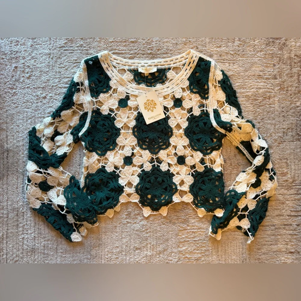 Rebellion Cream and Dark Green Crochet Lace Top - Picture 1 of 5